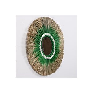 Japandi, Retro Eklektik, Bohem, Iskandinav Dekoratif Bambu Yeşil Aynalı Deniz Sazı Duvar Süsü 60cm