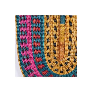 Japandi Bambu Ve Deniz Sazı Hasır Doğal Sarı Fuşya Yeşil Renk Yelpaze Duvar Dekoru 50x35x30cm