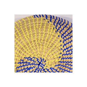 %100 El Yapımı Etnik Tabak, Bohem Duvar Süsü, Hasır Duvar Dekoru Hardal Lacivert 30x7cm 30 cm