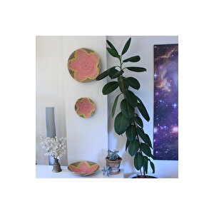 %100 El Yapımı Etnik Tabak, Bohem Duvar Süsü, Hasır Duvar Dekoru Bej Pembe Sarı 25x6