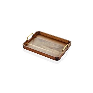 Natura Metal Kollu Akasya Tepsi 38x28 Cm