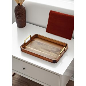 Natura Metal Kollu Akasya Tepsi 38x28 Cm
