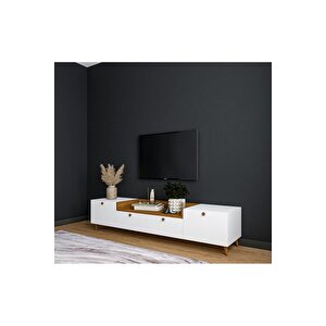 Leon Çift Renkli Tv Sehpası 160 Cm 4 Kapaklı Tv Ünitesi Beyaz-Ceviz