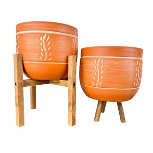 Nakış Desenli Toprak Saksı Saksılık Salon Çiçeklik İkili Set 3 Ayaklı- 4 Ayaklı- 19 Cm