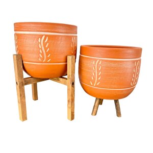 Nakış Desenli Toprak Saksı Saksılık Salon Çiçeklik İkili Set 3 Ayaklı- 4 Ayaklı- 19 Cm