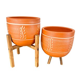 Bitki Tasarımı Nakış Desenli Toprak Saksı Saksılık Salon Çiçeklik İkili Set 3 Ayaklı- 4 Ayaklı- 19 Cm