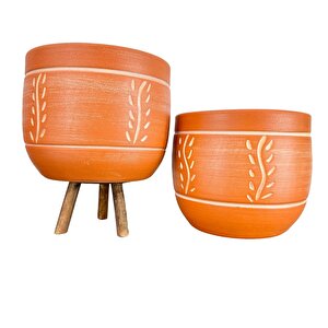 Ev Dekorasyon Nakış Desenli Toprak Saksı Saksılık Salon Çiçeklik İkili Set Ayaksız - 3 Ayaklı- 19 Cm