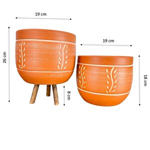 Ev Dekorasyon Nakış Desenli Toprak Saksı Saksılık Salon Çiçeklik İkili Set Ayaksız - 3 Ayaklı- 19 Cm
