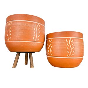 Ev Dekorasyon Nakış Desenli Toprak Saksı Saksılık Salon Çiçeklik İkili Set Ayaksız - 3 Ayaklı- 19 Cm