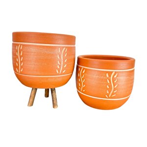 Bitki Tasarımı Ev Dekorasyon Nakış Desenli Toprak Saksı Saksılık Salon Çiçeklik İkili Set Ayaksız - 3 Ayaklı- 19 Cm