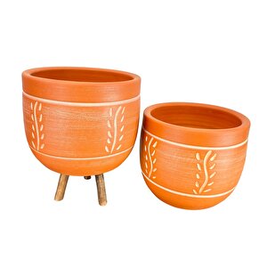 Bitki Tasarımı Ev Dekorasyon Nakış Desenli Toprak Saksı Saksılık Salon Çiçeklik İkili Set Ayaksız - 3 Ayaklı- 19 Cm