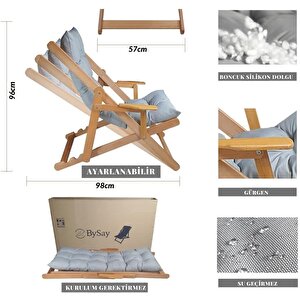 Bysay Ahşap Katlanabilir Taşinir Puf Minderli Kollu Şezlong. Plaj Bahçe Teras Balkon Sandalyesi Koltuğu Takımı 3 Lü Set (gri̇)
