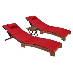 Bysay Ahşap Katlanabi̇li̇r Yatar Şezlong Plaj Yataği Mi̇nder Dahi̇l 3 Lü Set (cevi̇z - Kirmizi) Kırmızı