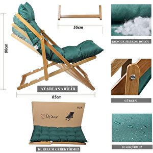 Bysay Ahşap Katlanabilir Taşinır Puf Minderli  Şezlong Plaj Bahçe Balkon Sandalyesi koltuğu takımı için 3 Lü Set (krem) Yeşil