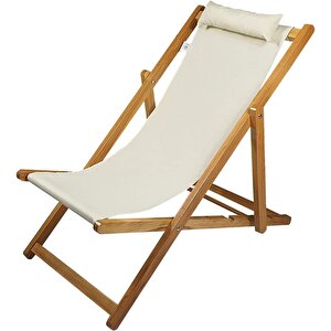Bysay Ahşap Katlanabilir Taşinır Şezlong Plaj Bahçe Teras Balkon Sandalyesi Koltuğu (krem)