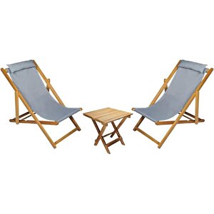 Bysay Ahşap Katlanabilir Taşinır Şezlong Plaj Bahçe Teras Balkon Sandalyesi koltuğu takımı Şezlongu. 3 Lü Set (gri̇)