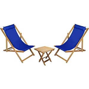 Bysay Ahşap Katlanabilir Taşinır Şezlong Plaj Bahçe Teras Balkon Sandalyesi koltuğu takımı Şezlongu. 3 Lü Set (mavi̇) Mavi