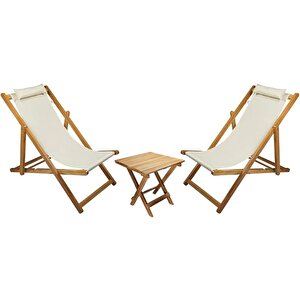 Bysay Ahşap Katlanabilir Taşinır Şezlong Plaj Bahçe Teras Balkon Sandalyesi koltuğu takımı Şezlongu. 3 Lü Set (krem)