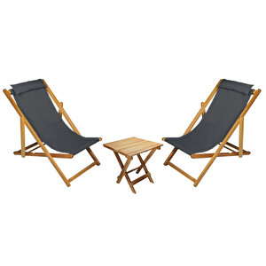 Bysay Ahşap Katlanabilir Taşinır Şezlong Plaj Bahçe Teras Balkon Sandalyesi koltuğu takımı Şezlongu. 3 Lü Set (turkuaz) Antrasit