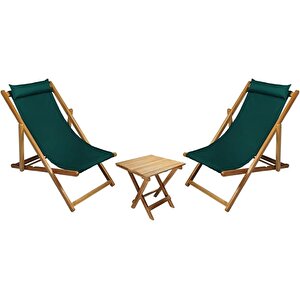 Bysay Ahşap Katlanabilir Taşinır Şezlong Plaj Bahçe Teras Balkon Sandalyesi koltuğu takımı Şezlongu. 3 Lü Set (haki̇) Yeşil