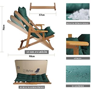 Bysay Ahşap Katlanabilir Taşinır Puf Minderli Kollu Şezlong Plaj Bahçe Balkon Sandalyesi Koltuğu Takımı (haki̇)