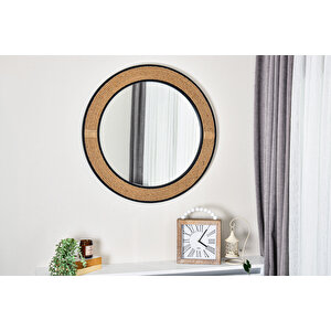Dfn Wood 57x57 Cm Siyah Çerçeveli Jut Halatlı Yuvarlak Dekoratif Duvar Salon Banyo Aynası
