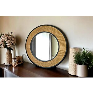 Dfn Wood 57x57 Cm Siyah Çerçeveli Jut Halatlı Yuvarlak Dekoratif Duvar Salon Banyo Aynası