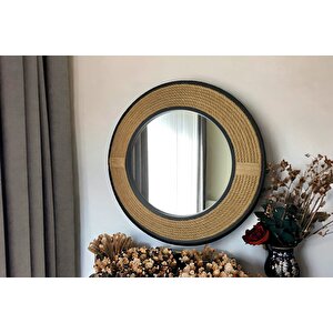 Dfn Wood 57x57 Cm Siyah Çerçeveli Jut Halatlı Yuvarlak Dekoratif Duvar Salon Banyo Aynası