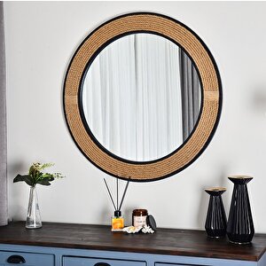 Dfn Wood 97x97 Cm Siyah Çerçeveli Jut Halatlı Yuvarlak Dekoratif Duvar Salon Banyo Aynası 97x97 cm