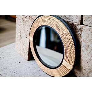 Dfn Wood 97x97 Cm Siyah Çerçeveli Jut Halatlı Yuvarlak Dekoratif Duvar Salon Banyo Aynası