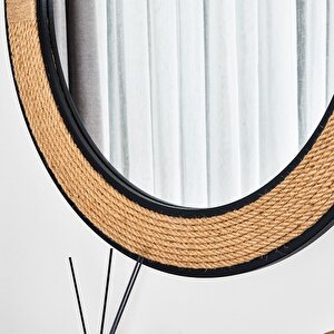 Dfn Wood 87x87 Cm Siyah Çerçeveli Jut Halatlı Yuvarlak Dekoratif Duvar Salon Banyo Aynası
