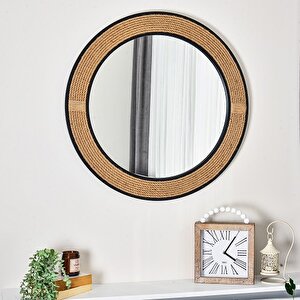 Dfn Wood 77x77 Cm Siyah Çerçeveli Jut Halatlı Yuvarlak Dekoratif Duvar Salon Banyo Aynası 77x77 cm