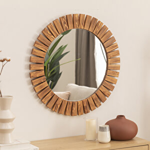 Dfn Wood Masif Ahşap Yuvarlak Dekoratif Duvar Salon Banyo Aynası 60x60 Cm