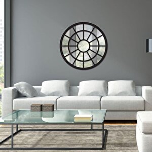 Dfn Wood Siyah Pencere Yuvarlak Duvar Salon Antre Aynası 60x60 Cm