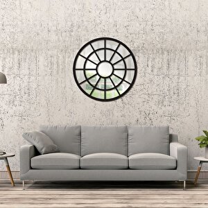 Dfn Wood Siyah Pencere Yuvarlak Duvar Salon Antre Aynası 90x90 Cm 90x90 cm