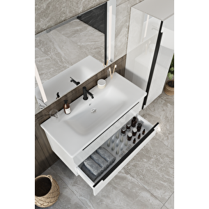 Banyo Kadife Beyaz Parlak High Gloss Demonte 100 Cm Banyo Dolabı Ledli Aynalı Üst Dolap Ve Boy Dolabı