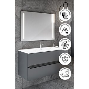 Banyo Kadife Antrasit Soft Mat Hıgh Gloss Demonte 80 Cm Banyo Dolabı Led Işıklı Aynalı Üst Dolap