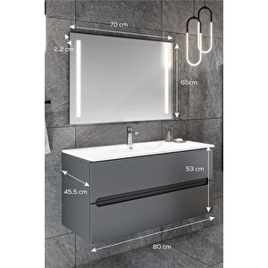 Banyo Kadife Antrasit Soft Mat Hıgh Gloss Demonte 80 Cm Banyo Dolabı Led Işıklı Aynalı Üst Dolap