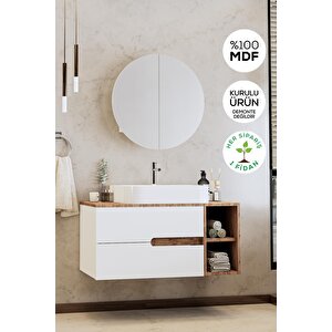 Balneom Banyo Koza 80 Cm Beyaz Banyo Dolabı Aynalı Dolaplı Üst Dolap Raf Ve Lavabo