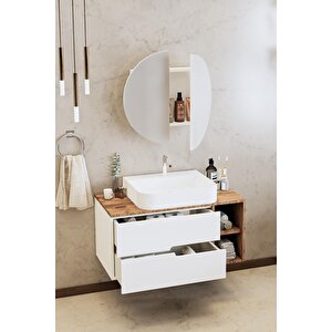 Banyo Koza 80 Cm Beyaz Banyo Dolabı Aynalı Dolaplı Üst Dolap Raf Ve Lavabo