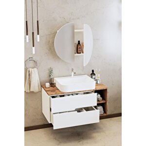 Banyo Koza 90 Cm Beyaz Banyo Dolabı Aynalı Dolaplı Üst Dolap Raf Ve Lavabo