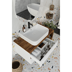 Banyo Koza Demonte 90 Cm Beyaz Banyo Dolabı Aynalı Dolaplı Üst Dolap Raf Ve Lavabo