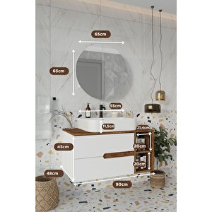 Balneom Banyo Koza Demonte 90 Cm Beyaz Banyo Dolabı Aynalı Dolaplı Üst Dolap Raf Ve Lavabo