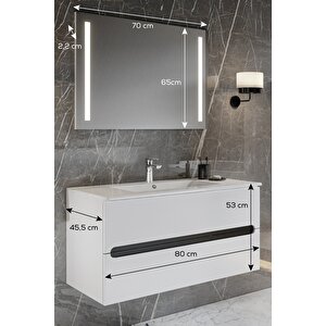 Banyo Kadife Beyaz Parlak High Gloss Demonte 80 Cm Banyo Dolabı Led Işıklı Aynalı Üst Dolap