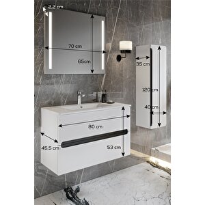 Banyo Kadife Beyaz Parlak High Gloss Demonte 80 Cm Banyo Dolabı Ledli Aynalı Üst Dolap Ve Boy Dolabı