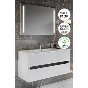 Banyo Kadife Beyaz Parlak Hıgh Gloss 100 Cm Banyo Dolabı Led Işıklı Aynalı Üst Dolap