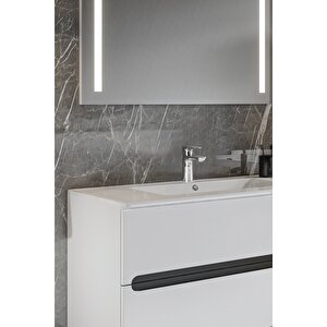 Banyo Kadife Beyaz Parlak Hıgh Gloss Demonte 100 Cm Banyo Dolabı Led Işıklı Aynalı Üst Dolap