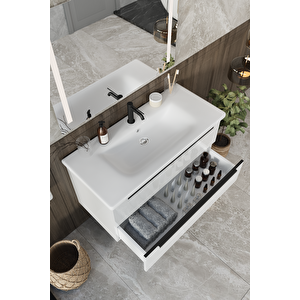 Banyo Kadife Beyaz Parlak Hıgh Gloss Demonte 100 Cm Banyo Dolabı Led Işıklı Aynalı Üst Dolap