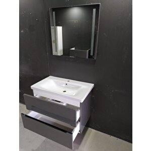 Banyo Kadife Antrasit Soft Mat Hıgh Gloss Demonte 100 Cm Banyo Dolabı Led Işıklı Aynalı Üst Dolap