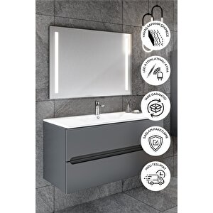 Banyo Kadife Antrasit Soft Mat Hıgh Gloss 100 Cm Banyo Dolabı Led Işıklı Aynalı Üst Dolap